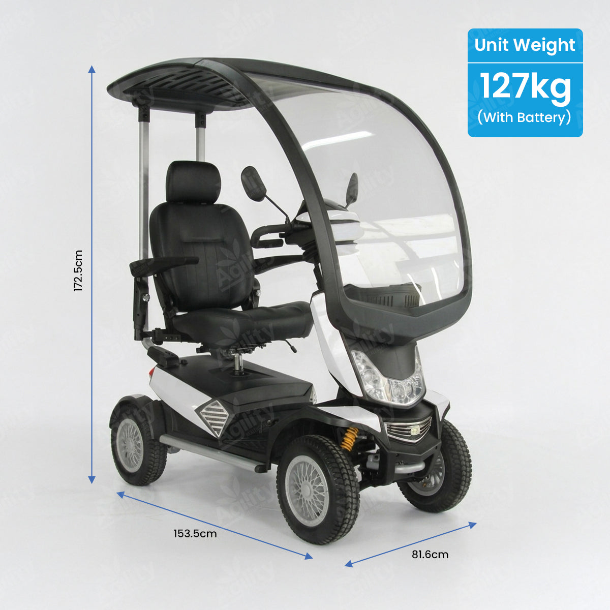 safari Electric scooter with dimensions and weight information on a white background