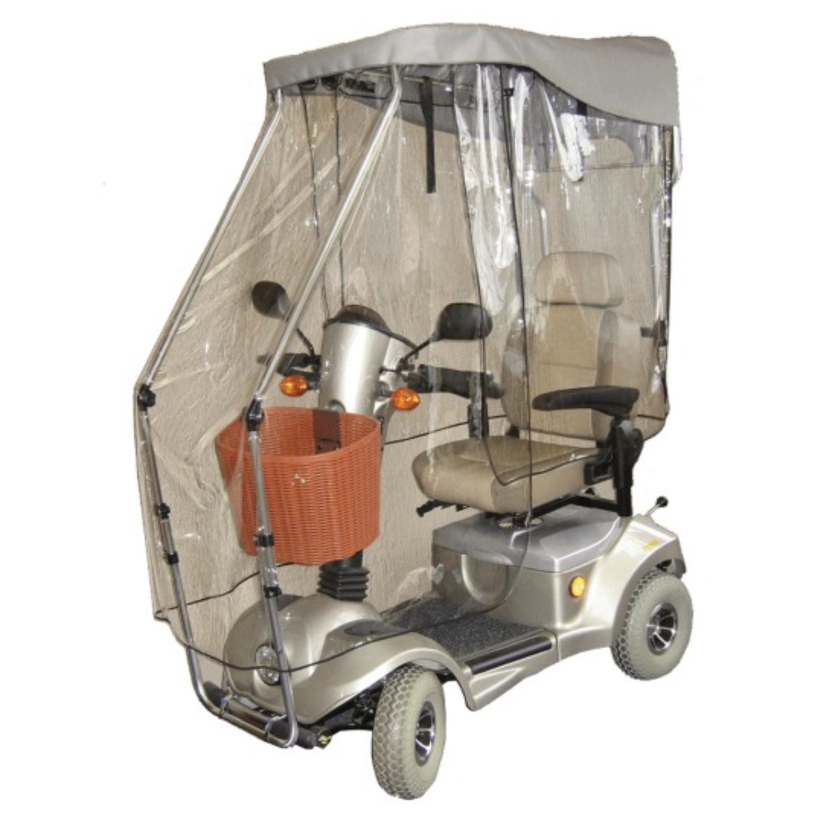 Covered mobility scooter with clear rain cover on a white background