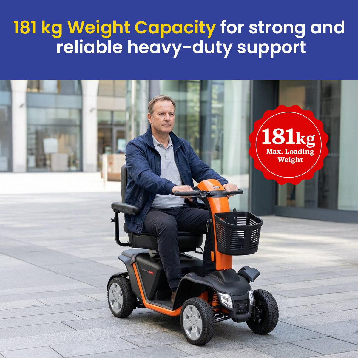 Man using a Pride Pathrider 140 XLE mobility scooter with text highlighting weight capacity in an urban setting