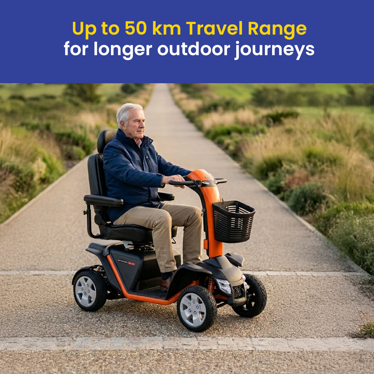 A man riding an Pride Pathrider 140 XLE mobility scooter on a road with text about travel range.