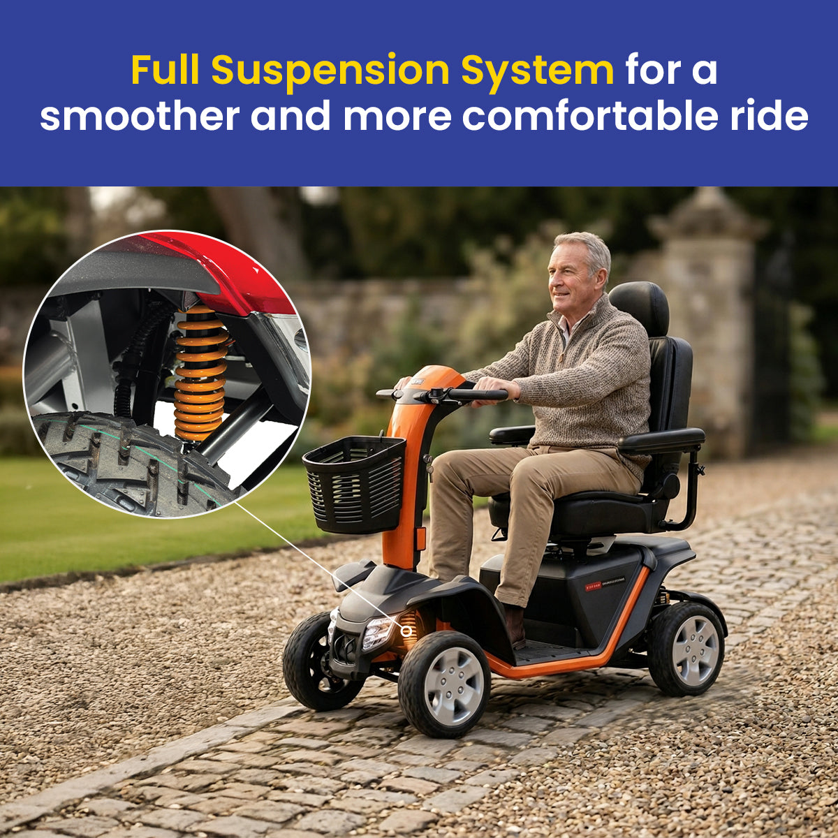 Man using a Pride Pathrider 140 XLE mobility scooter with a full suspension system on a cobblestone path.