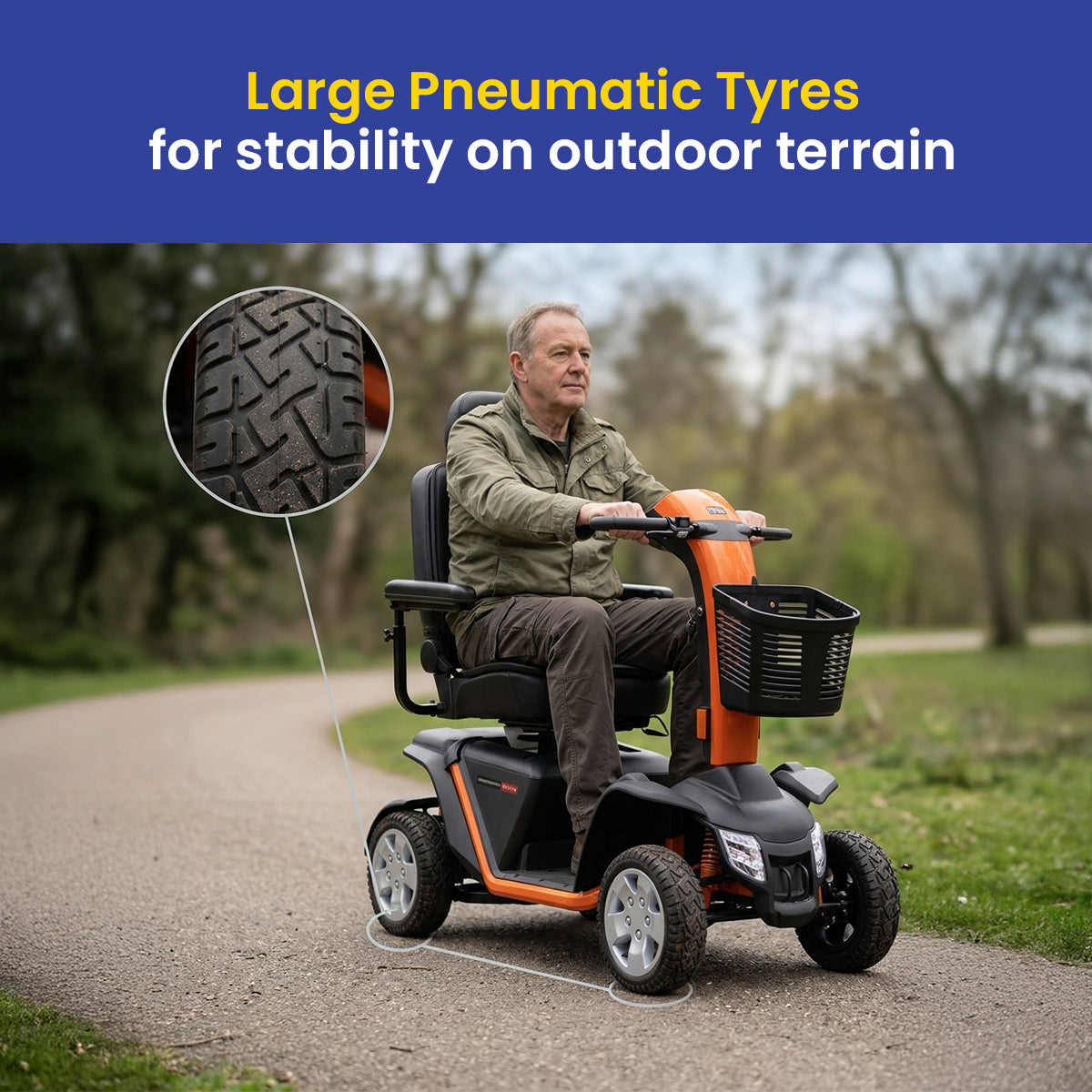 Man using a Pride Pathrider 140 XLE mobility scooter with large pneumatic tyres on a path outdoors.