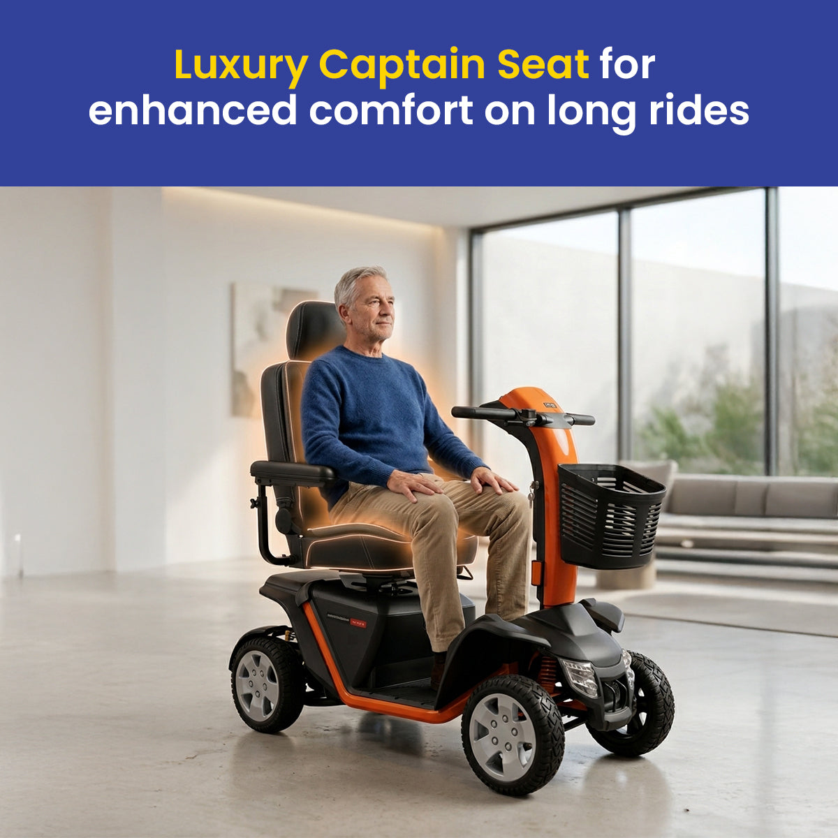 Man sitting in a Pride Pathrider 140 XLE mobility scooter with a luxury captain seat in a modern living room.
