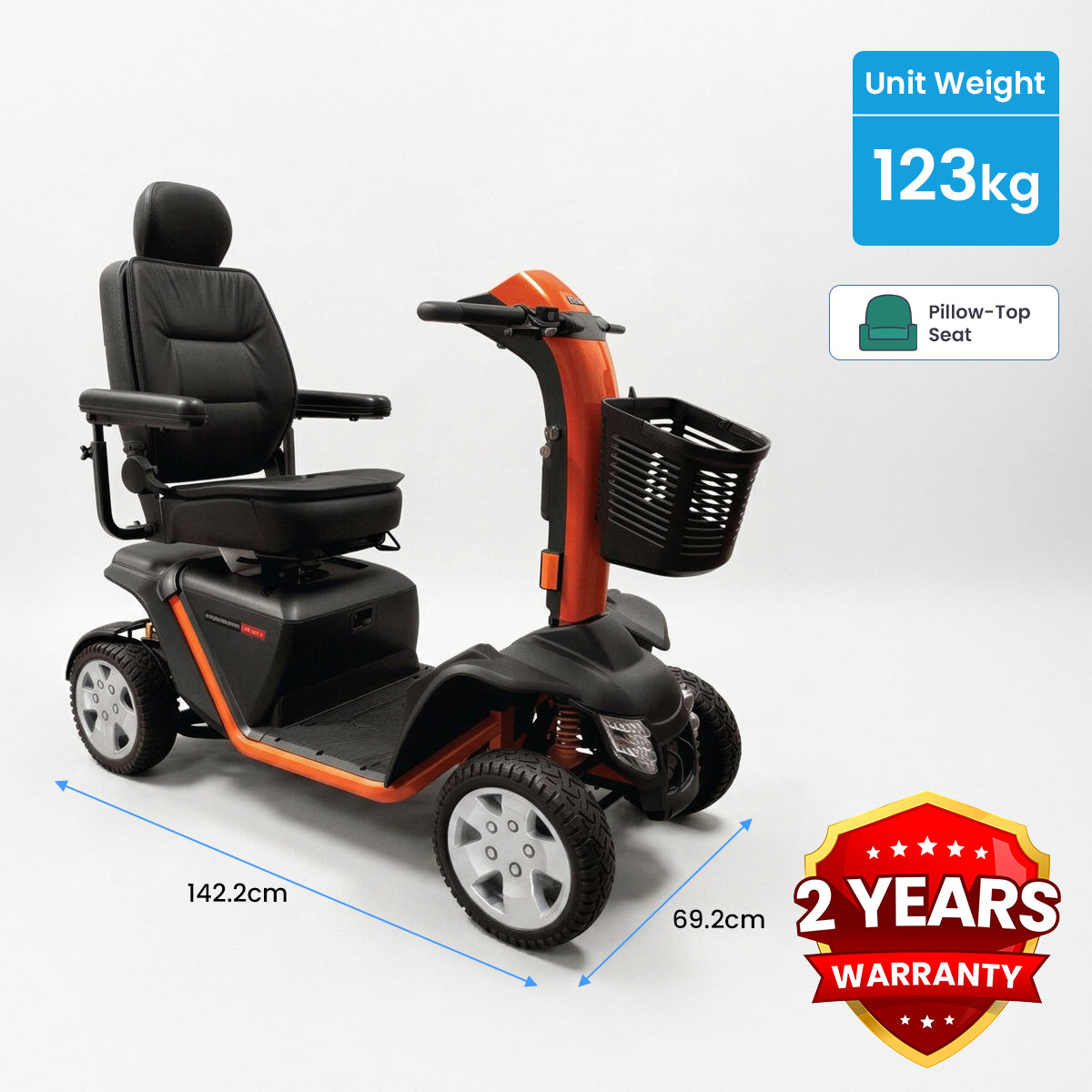 Pride Pathrider 140 XLE mobility scooter  with dimensions and weight information on a white background