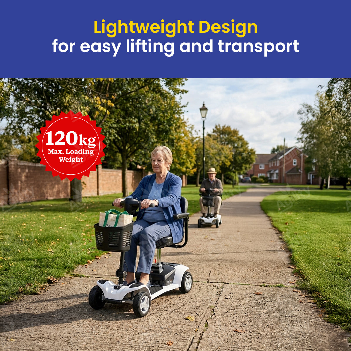 Two people using Aspire Boot Supalite Mobility Scooter on a path with a blue banner and text about weight capacity.