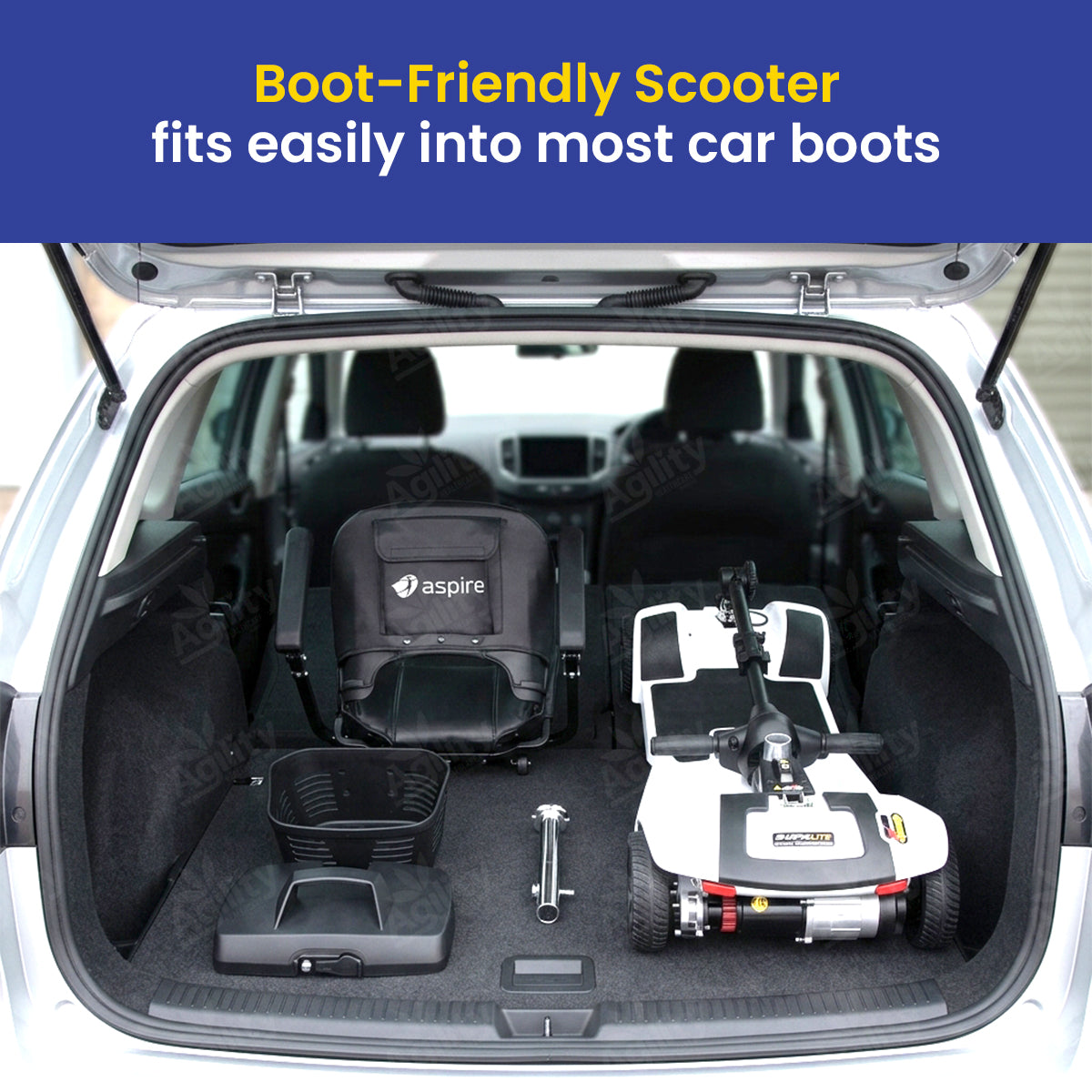 Boot-friendly scooter inside an open car trunk with ' aspire' branding.