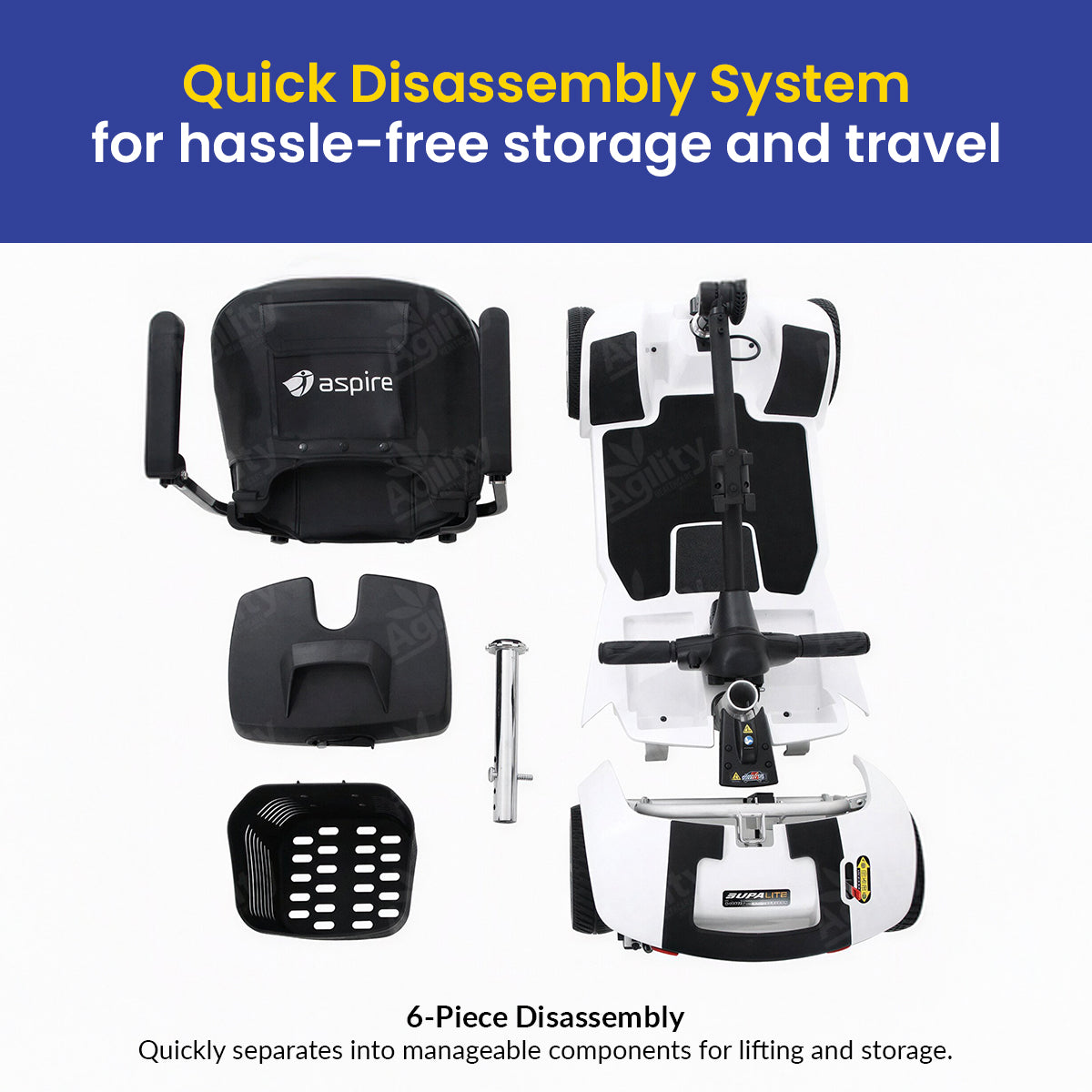 Aspire Boot Supalite Mobility Scooter with disassembled parts on a white background, highlighting quick disassembly system.
