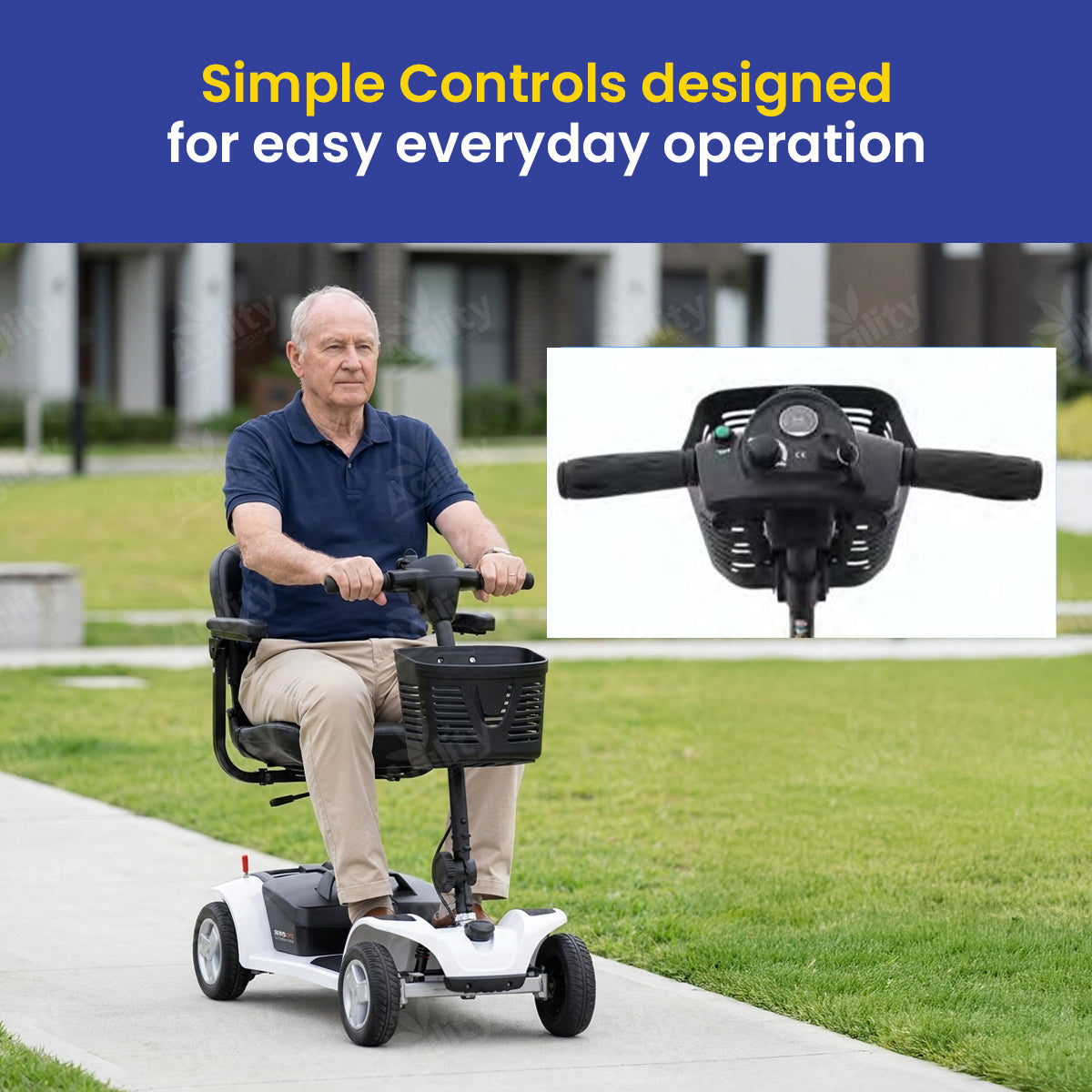 A man using an Aspire Boot Supalite Mobility Scooter with a close-up of the controls, set against a grassy outdoor background.