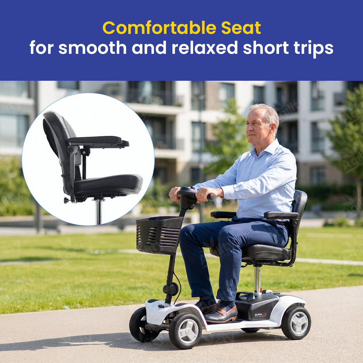 Man using a Aspire Boot Supalite Mobility Scooter with a comfortable seat feature, set against an urban background.