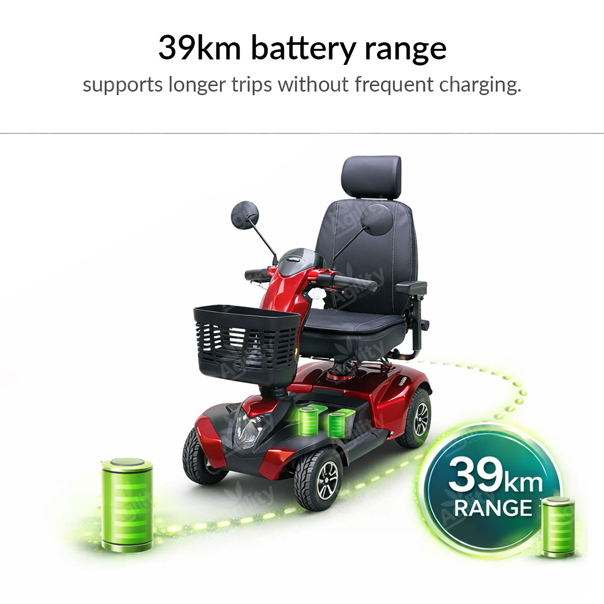 Electric wheelchair with battery range indicator on a white background