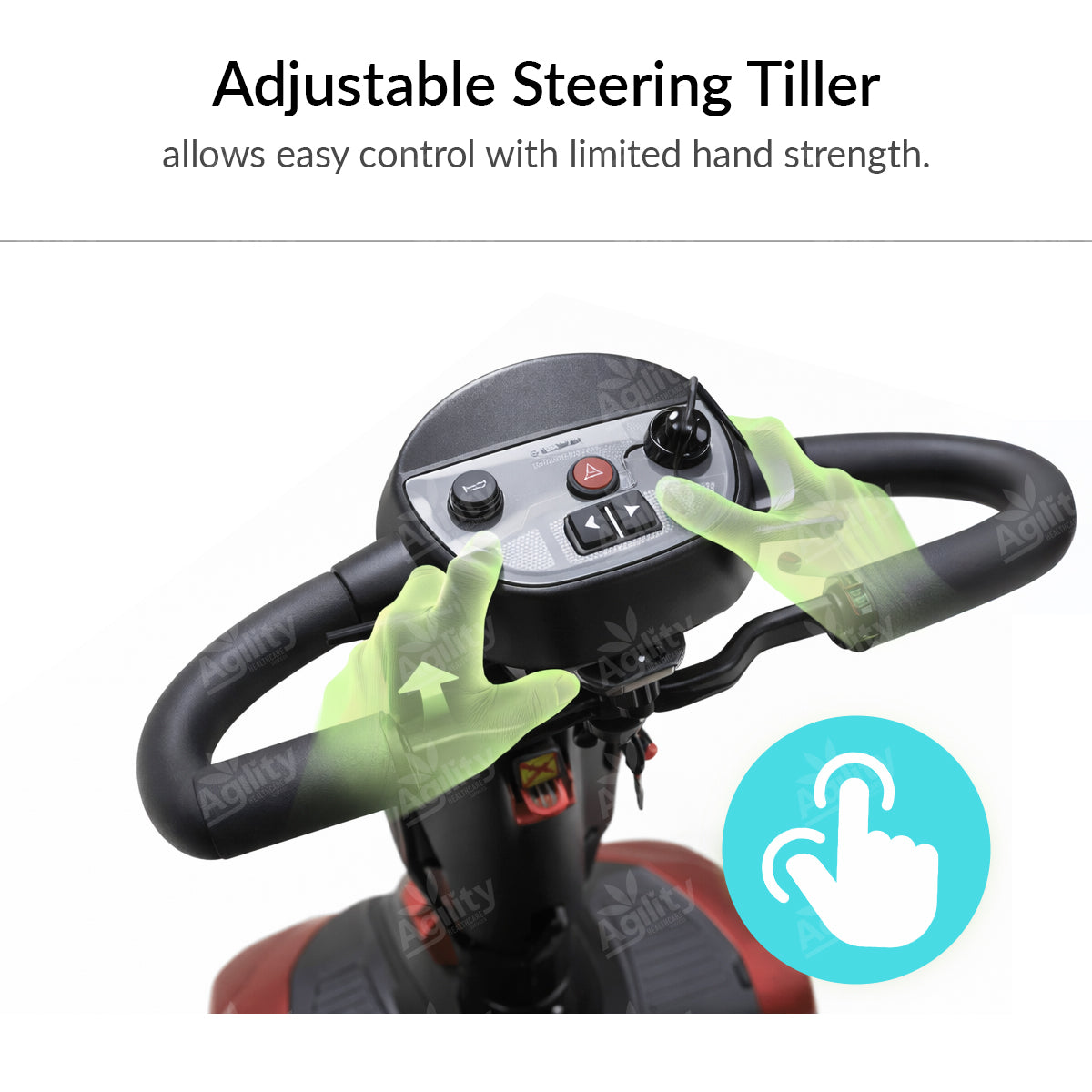 Adjustable steering tiller with hand control and text on a white background