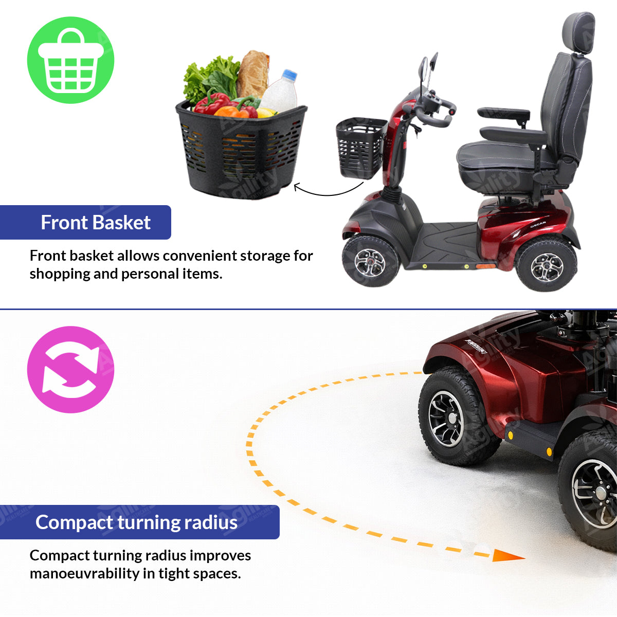 Electric scooter with front basket and compact turning radius features on a white background