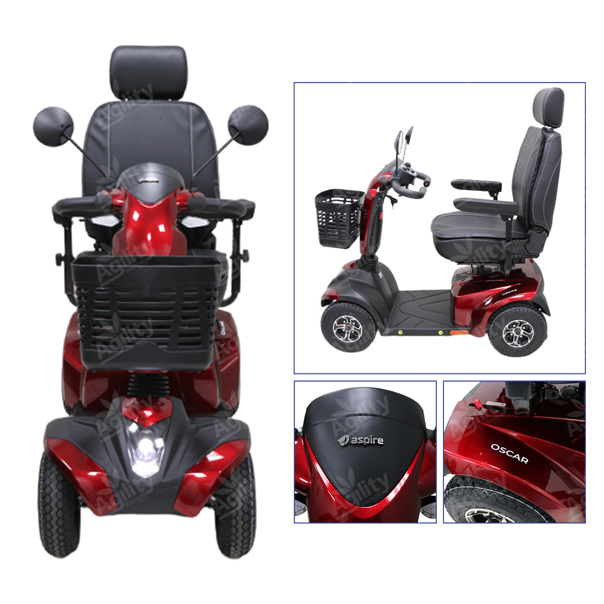 Red and black mobility scooter with close-up details on a white background