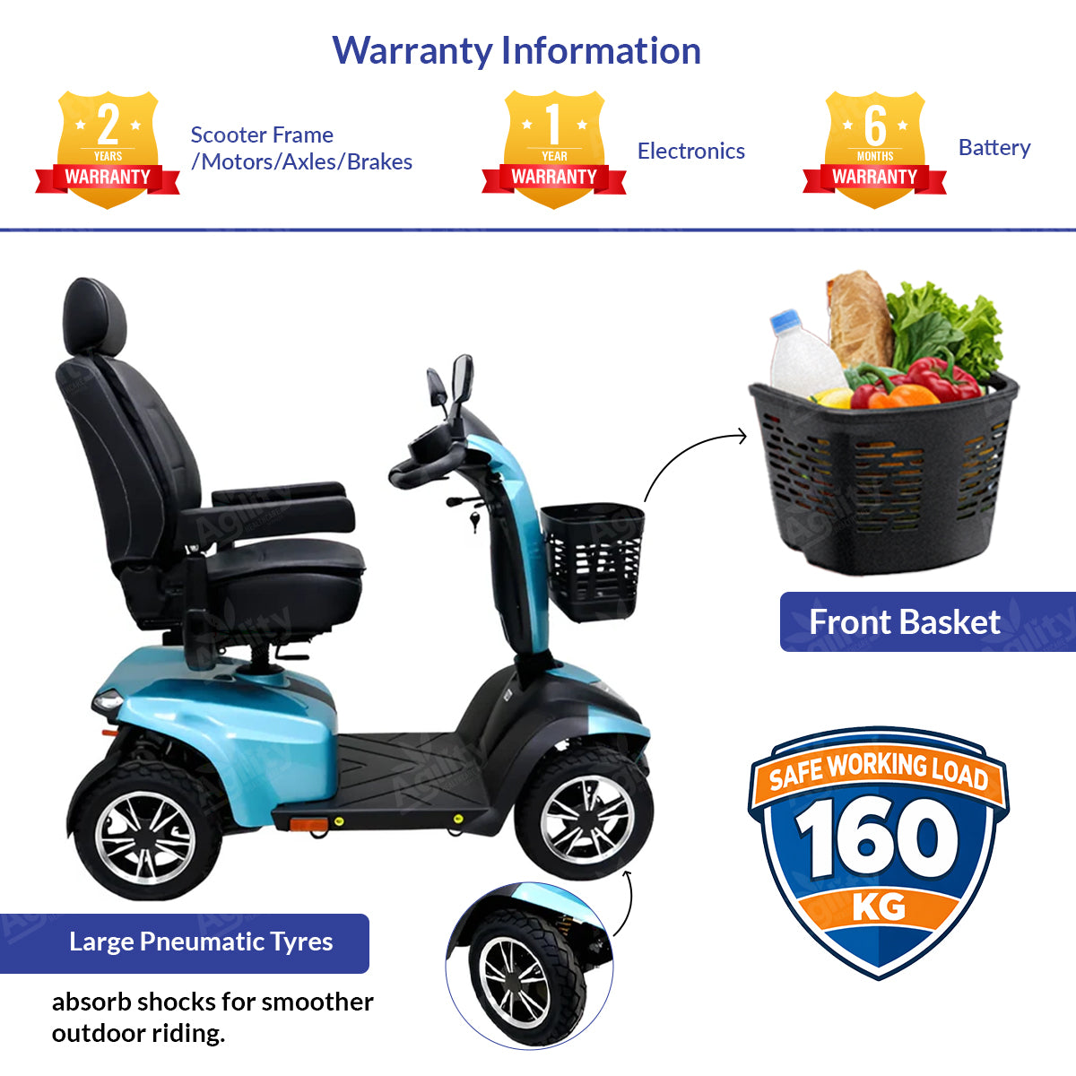 Blue mobility scooter with front basket, warranty information, and safety details on a white background.