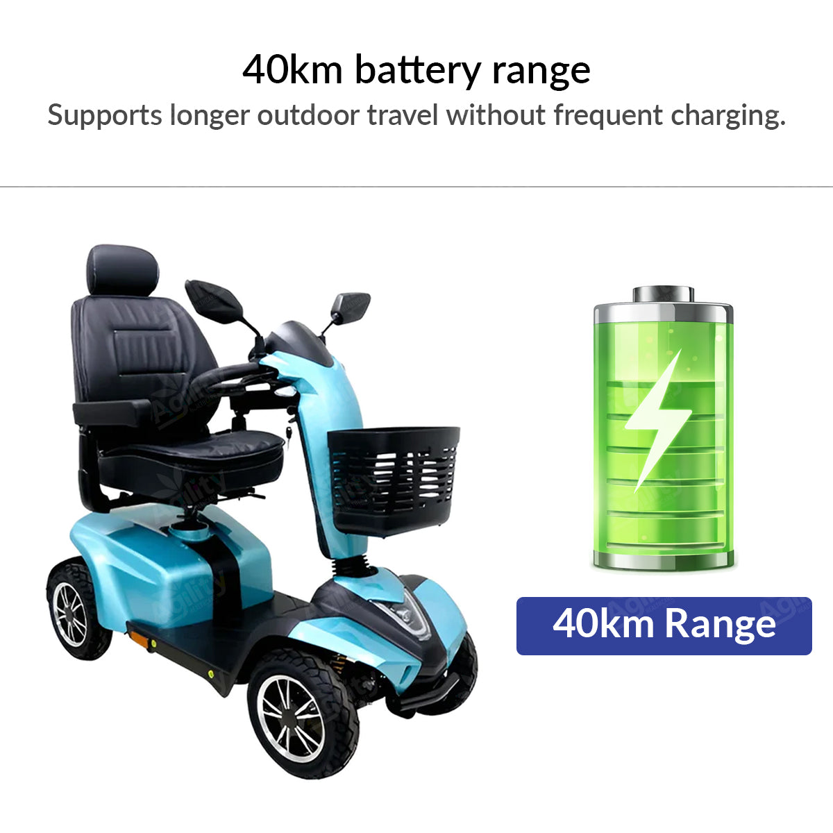 Electric mobility scooter with 40km battery range indicator on a white background