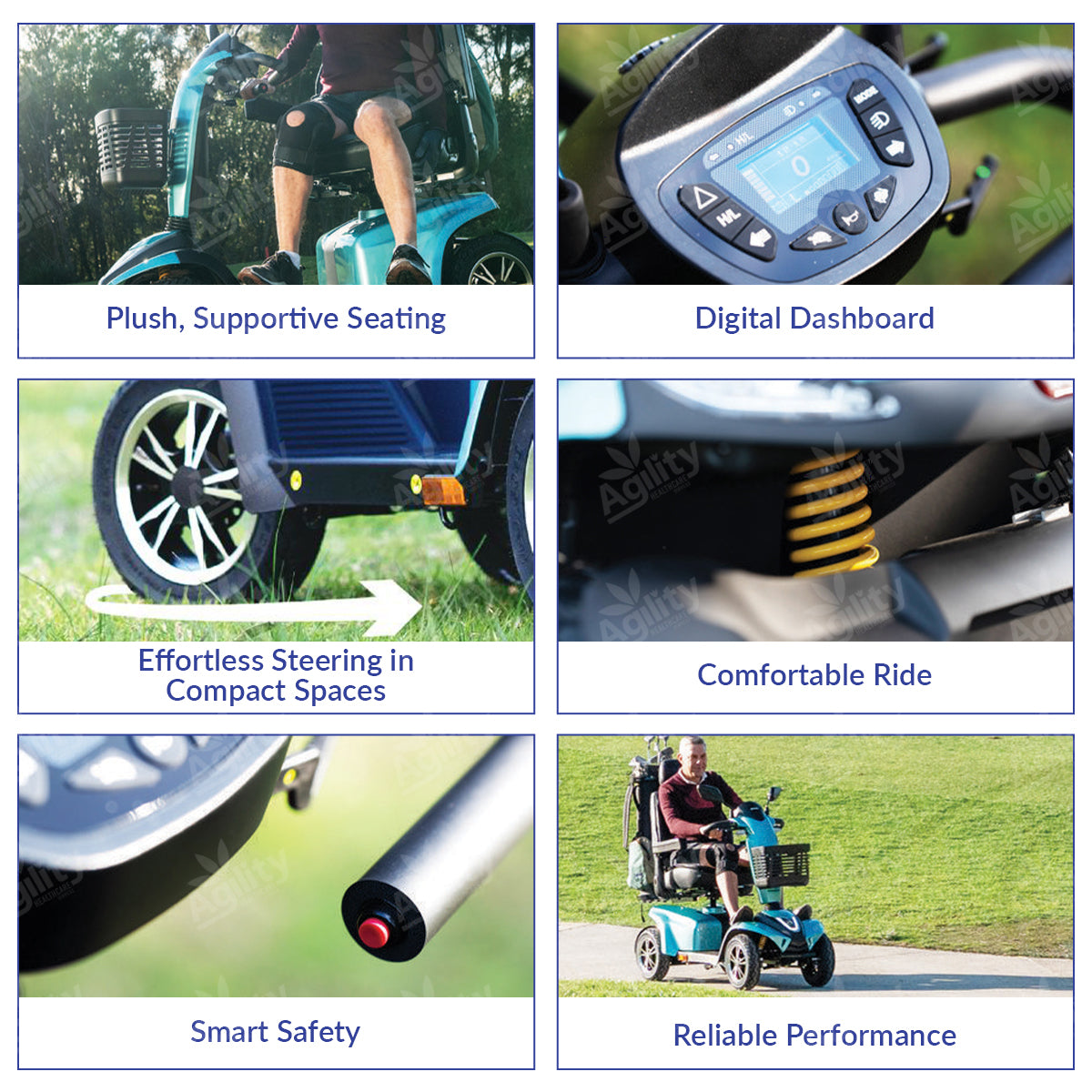 Scatter of images showcasing features of a mobility scooter with text labels.