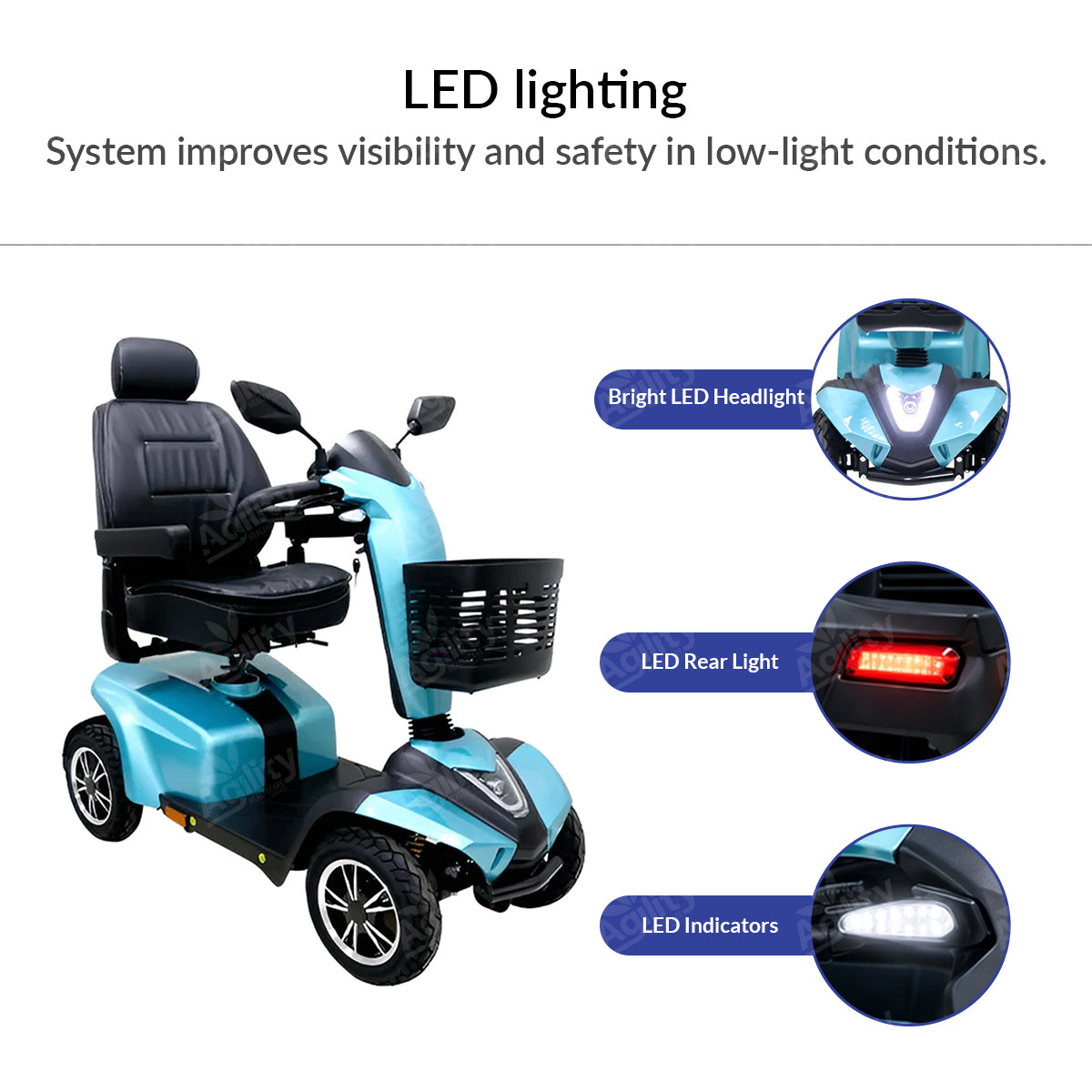 Blue mobility scooter with LED lighting system highlighted on a white background