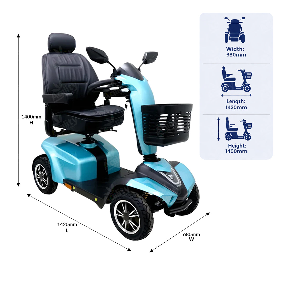 Blue mobility scooter with dimensions labeled on a white background