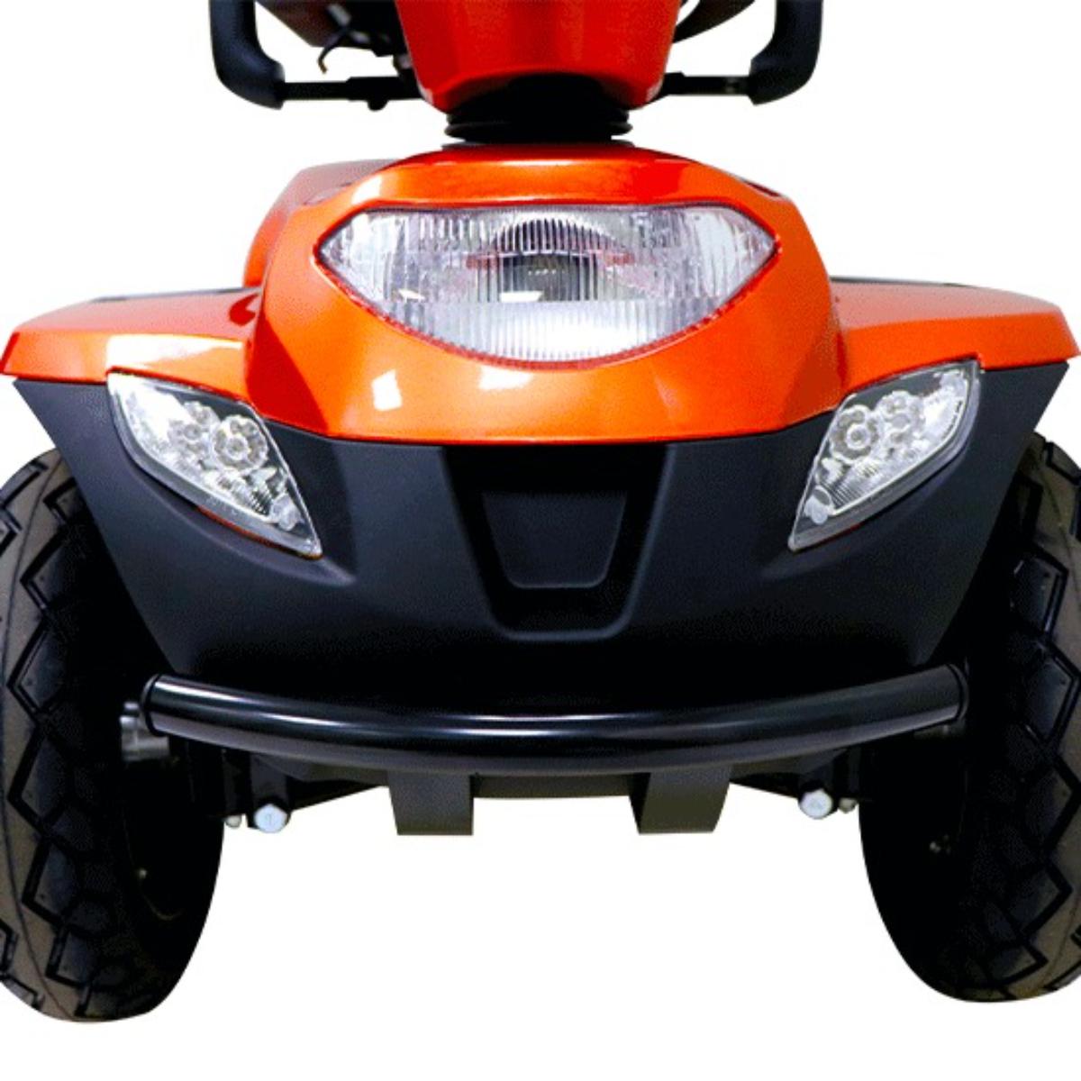 Close-up of an orange and black ATV on a white background