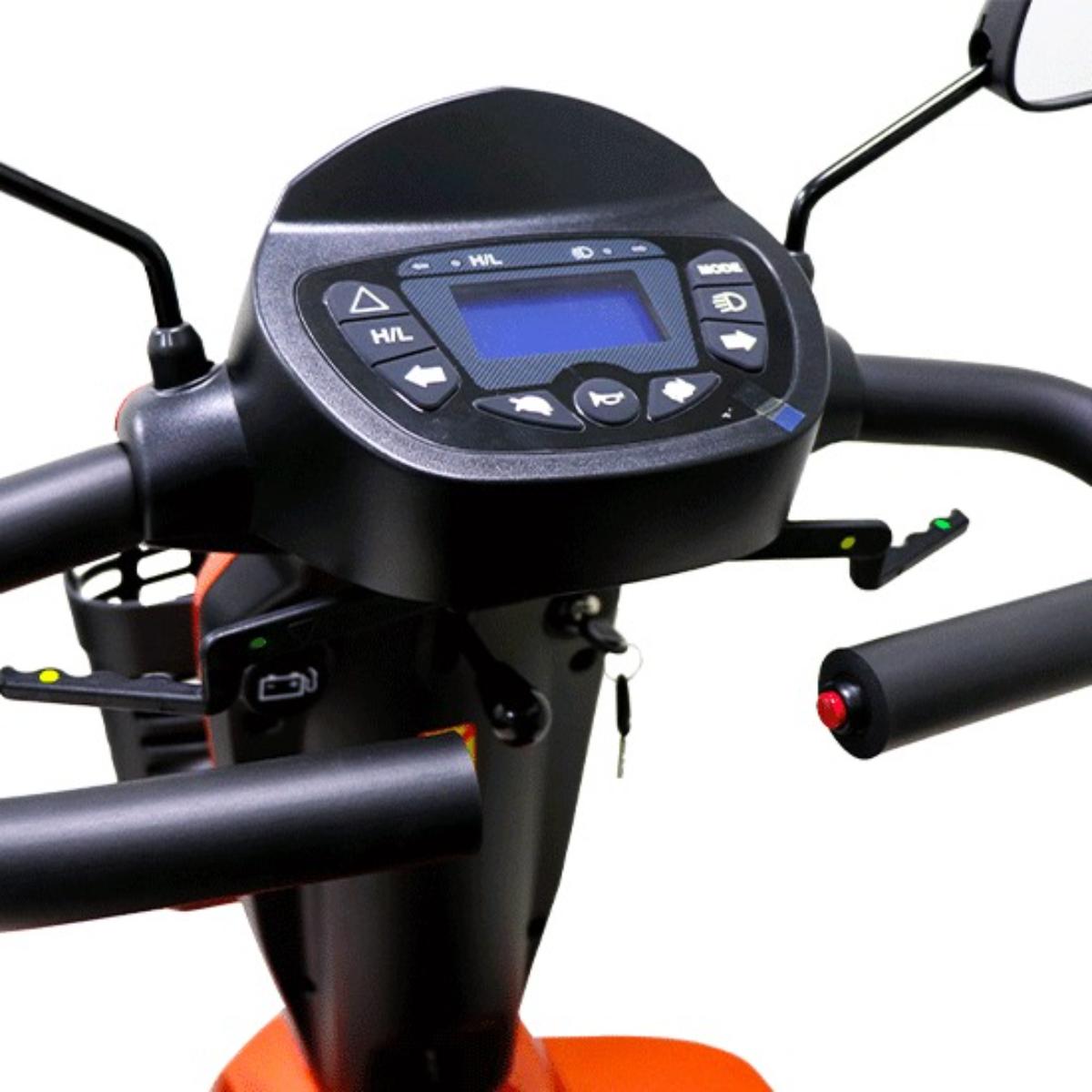 Close-up of a Aspire Juno Large Mobility Scooter  handlebar with control panel on a white background