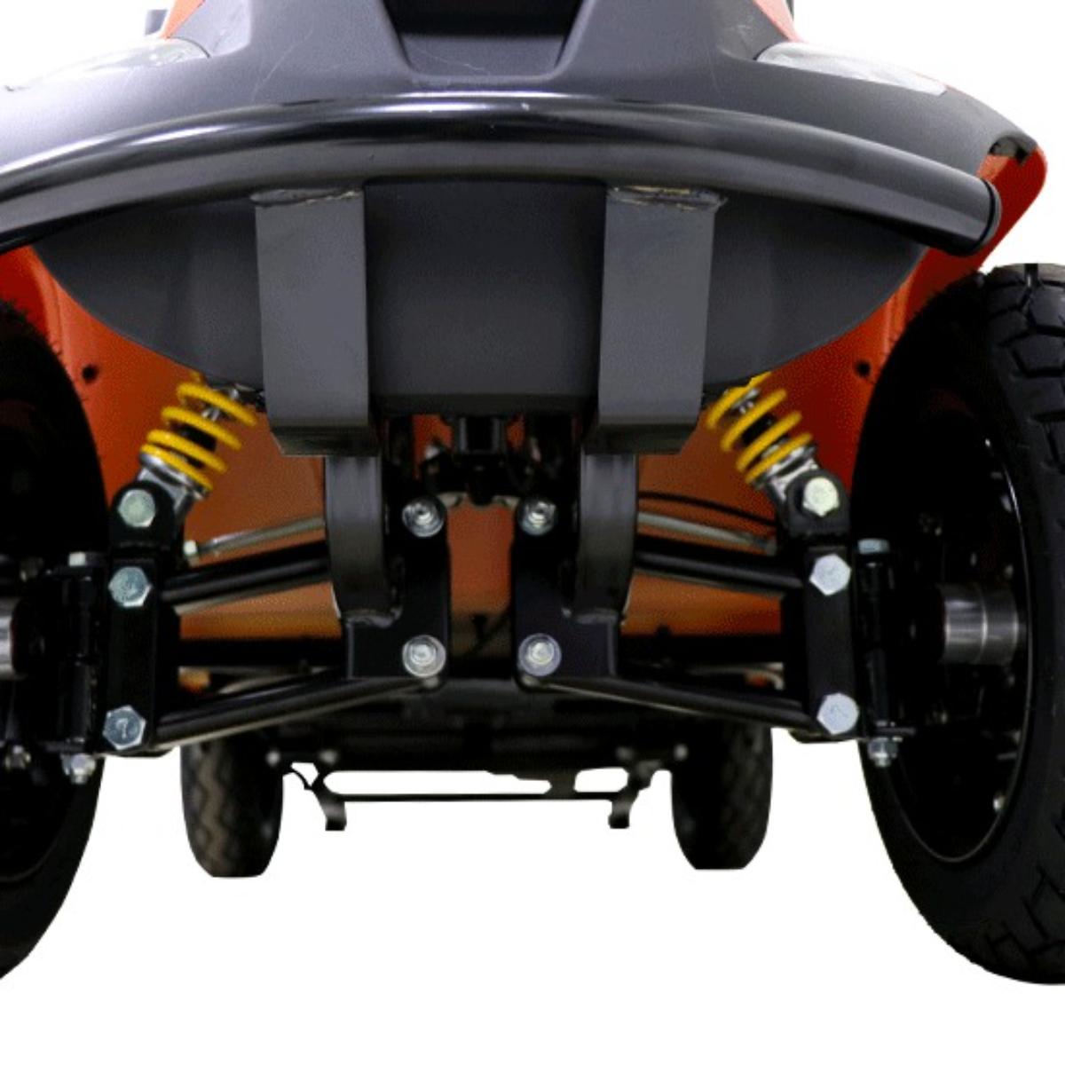 Close-up of a Aspire Juno Large Mobility Scooter suspension system on a white background