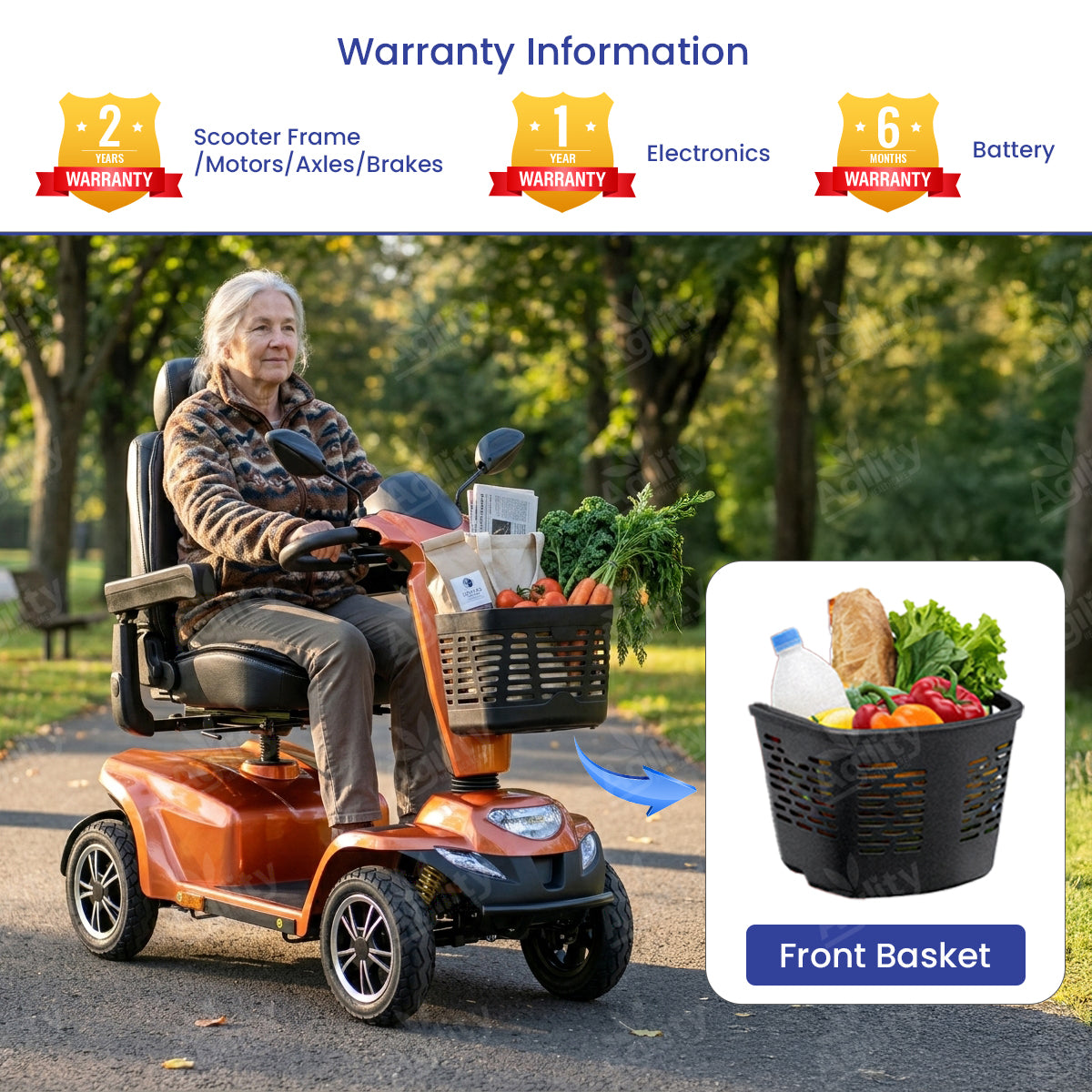 A woman using an Aspire Juno Large Mobility Scooter with a front basket full of groceries, surrounded by trees.