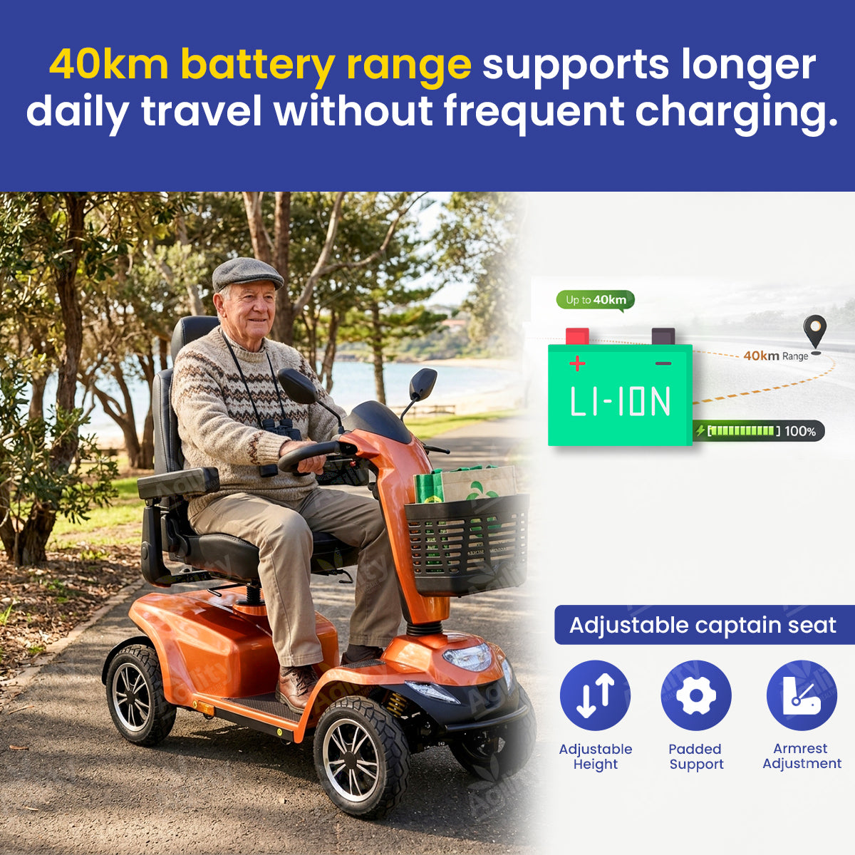 Man using an Aspire Juno Large Mobility Scooter with text about battery with a range of 40 km.