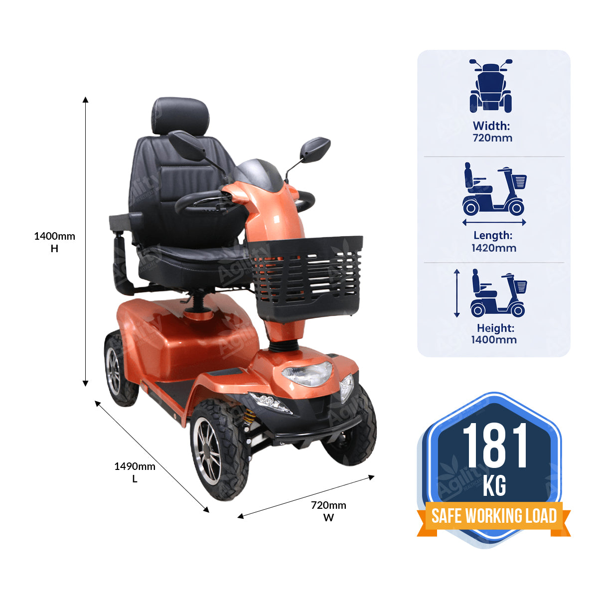 Aspire Juno Large Mobility Scooter with dimensions and safe working load displayed on a white background