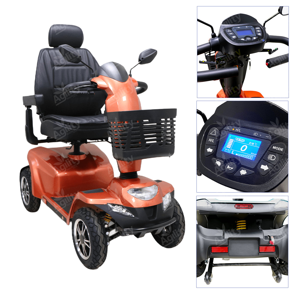 Aspire Juno Large Mobility Scooter with close-up details on a white background