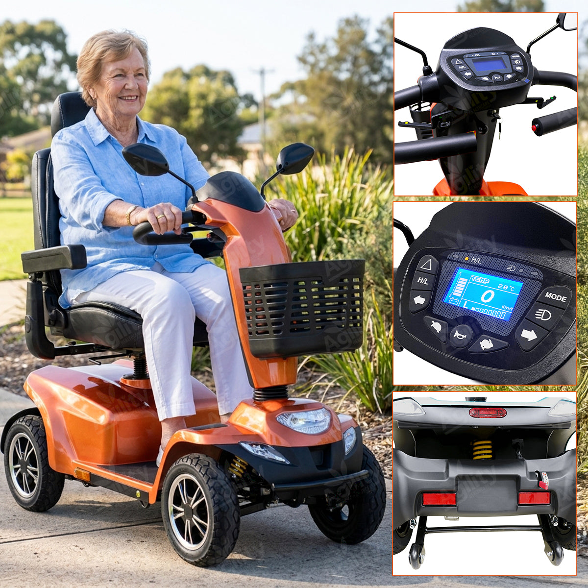 Woman using an Aspire Juno Large Mobility Scooter  with close-up details of the control panel and rear view.