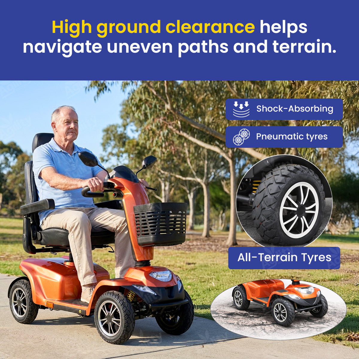 Man using an Aspire Juno Large Mobility Scooter with high ground clearance in an outdoor setting, highlighting shock-absorbing and pneumatic tyres.