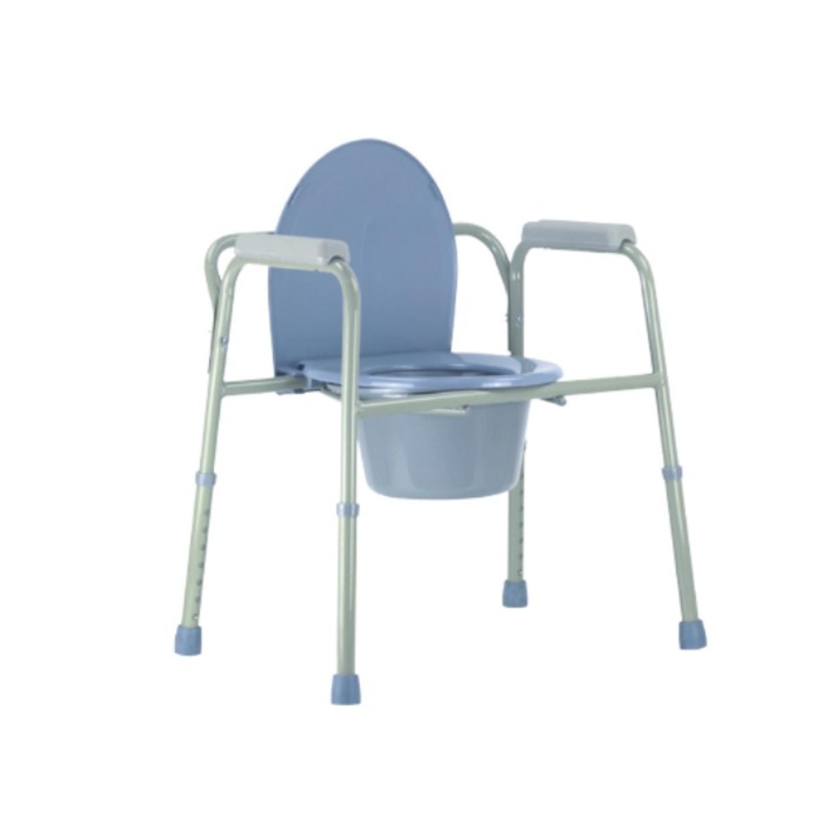 Blue commode chair with metal frame on a white background