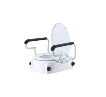 White toilet seat with black armrests on a white background
