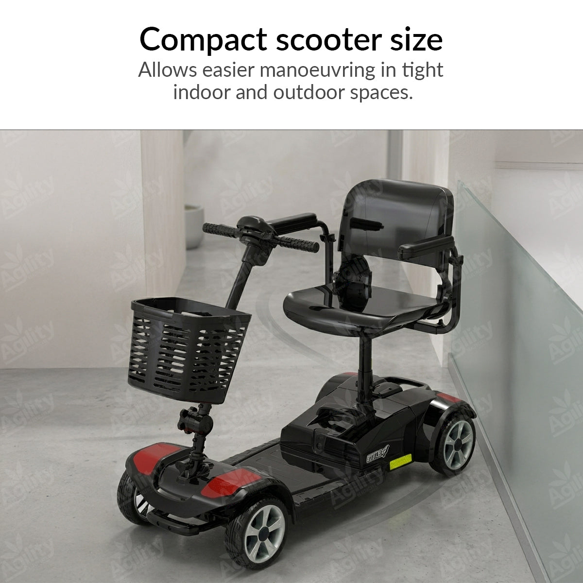 Topgun Stylz4 4-Wheel Mobility Scooter with a basket on a grey floor, text indicating ease of manoeuvrability.