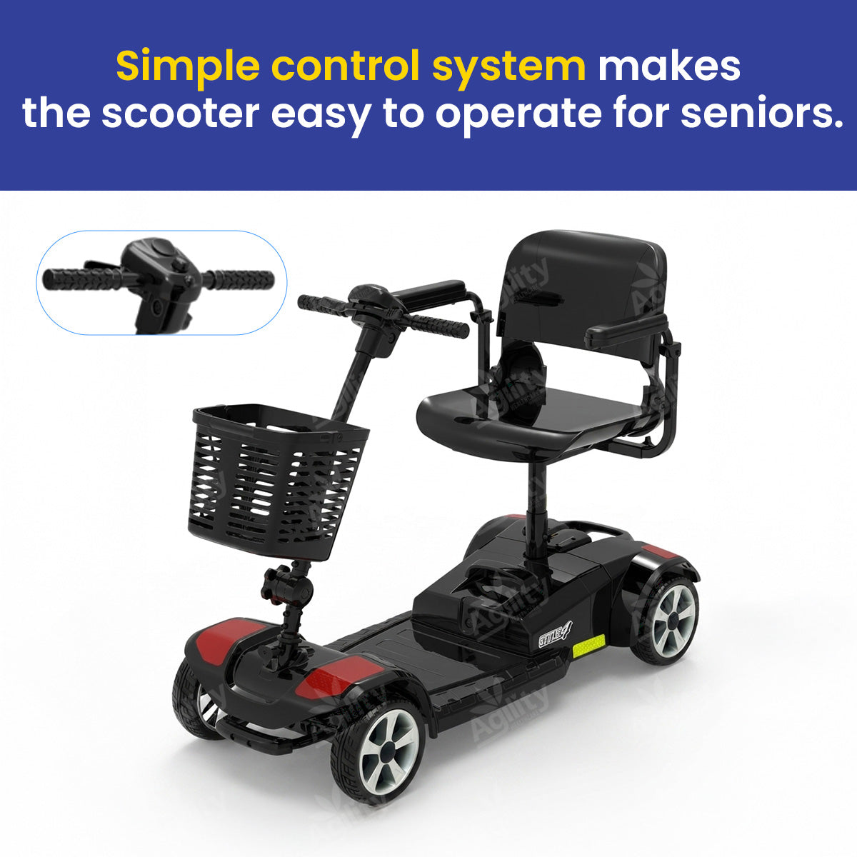 Topgun Stylz4 4-Wheel Mobility Scooter with a simple control system for seniors on a white background.