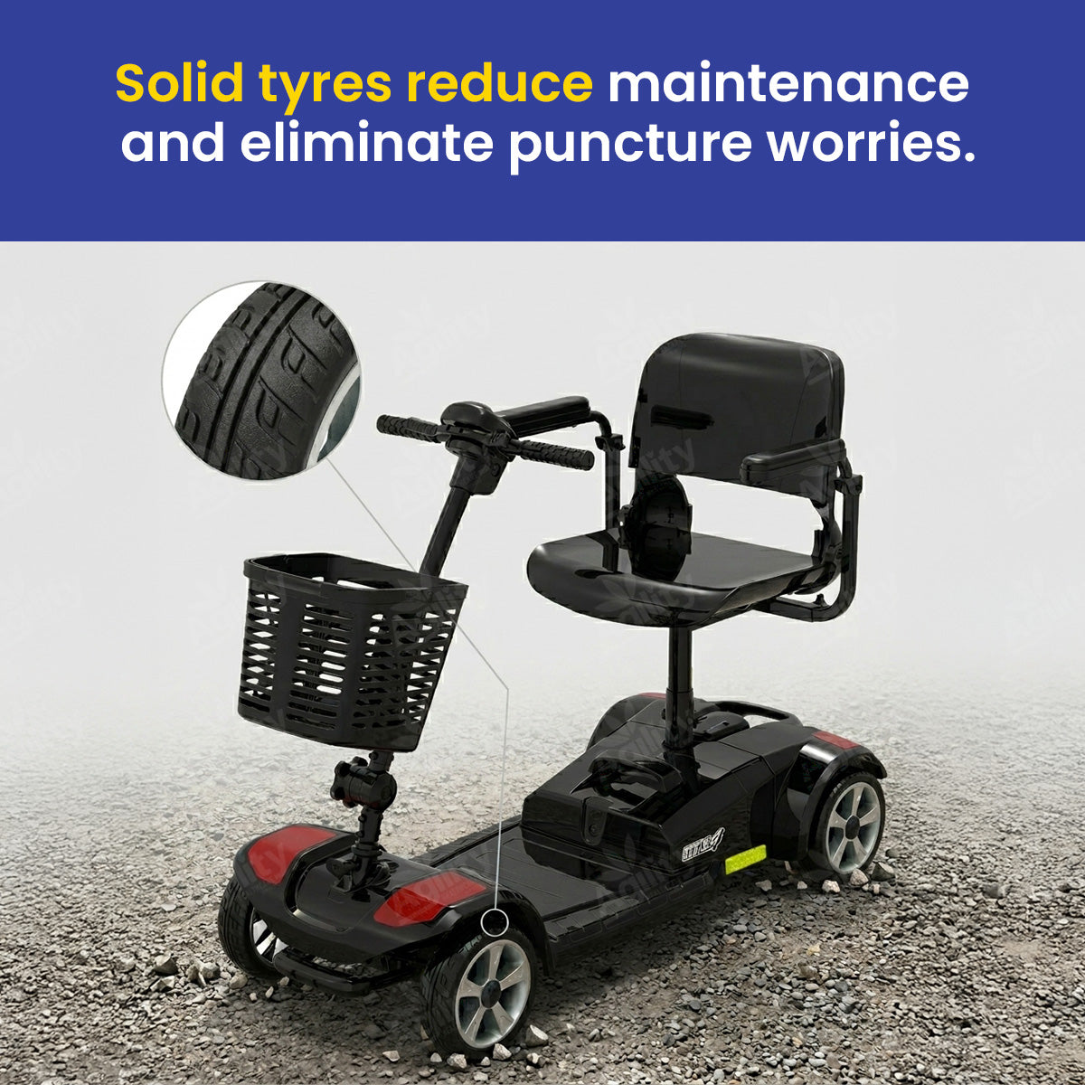 Topgun Stylz4 4-Wheel Mobility Scooter with solid tire feature on a gravel surface, text about tire benefits.