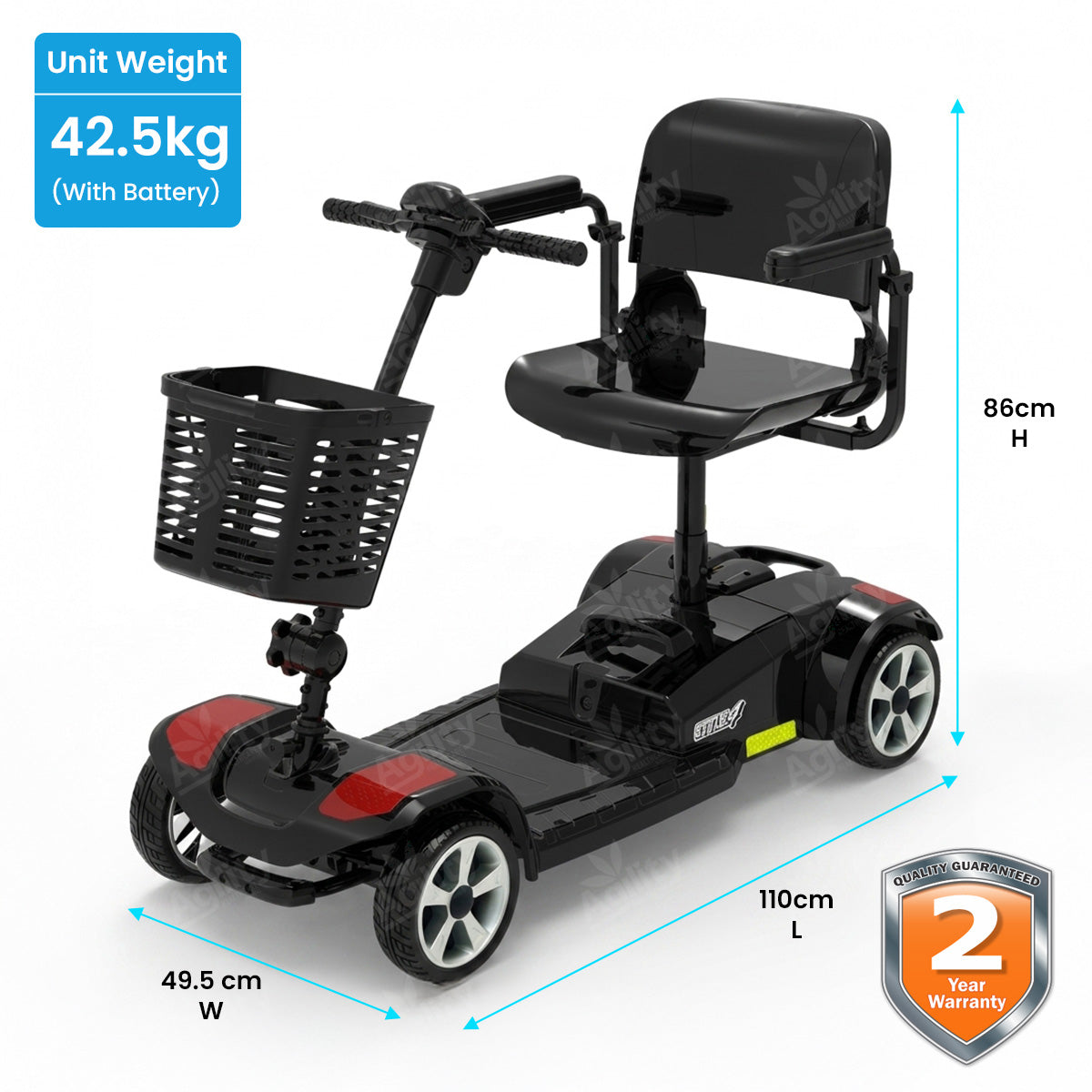 Topgun Stylz4 4-Wheel Mobility Scooter with measurements and weight information on a white background