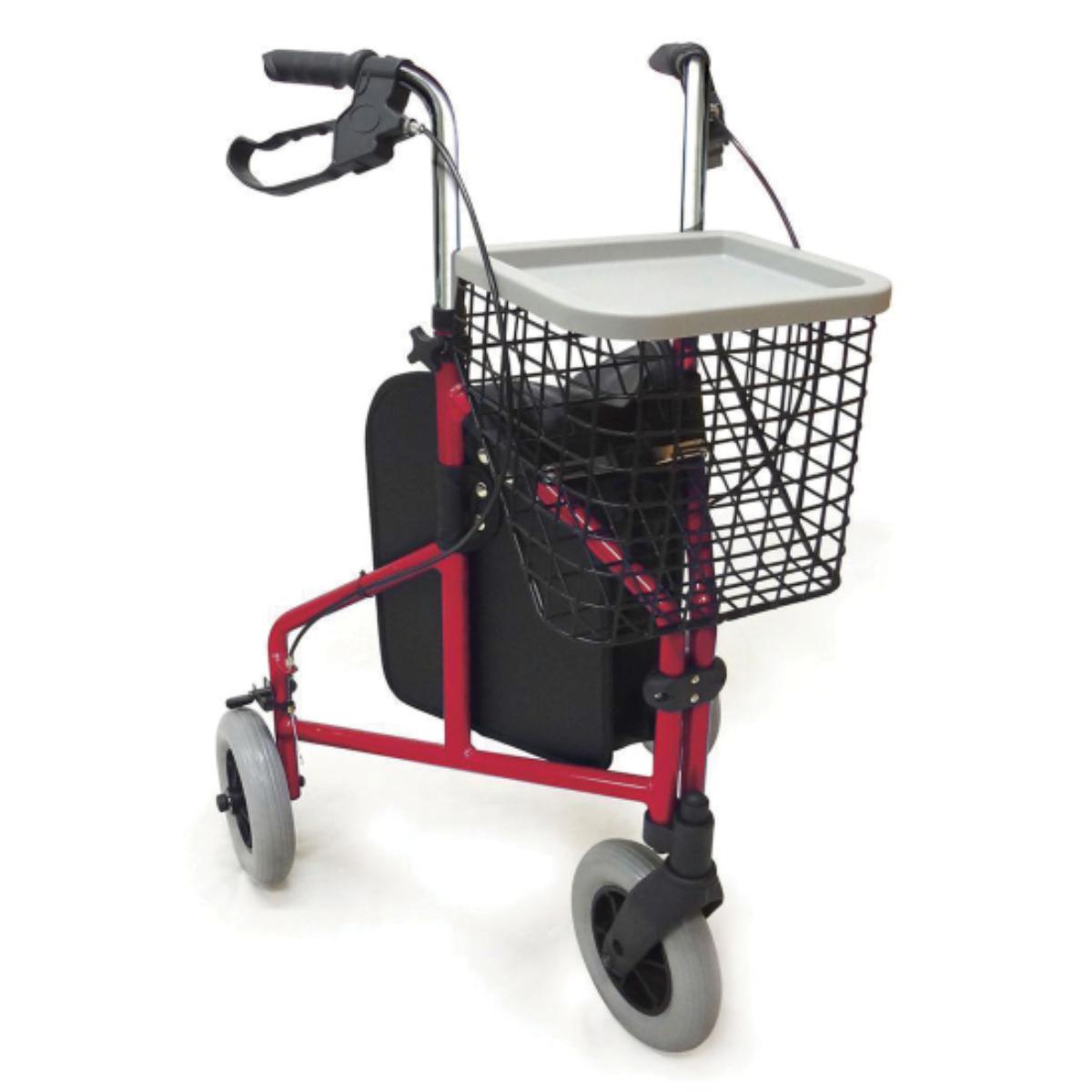 A red and black Aspire Tri-Wheel Walker with a basket and tray on a white background