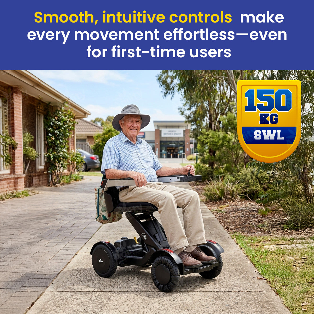 Man using a power wheelchair 
with text about smooth controls and weight capacity.