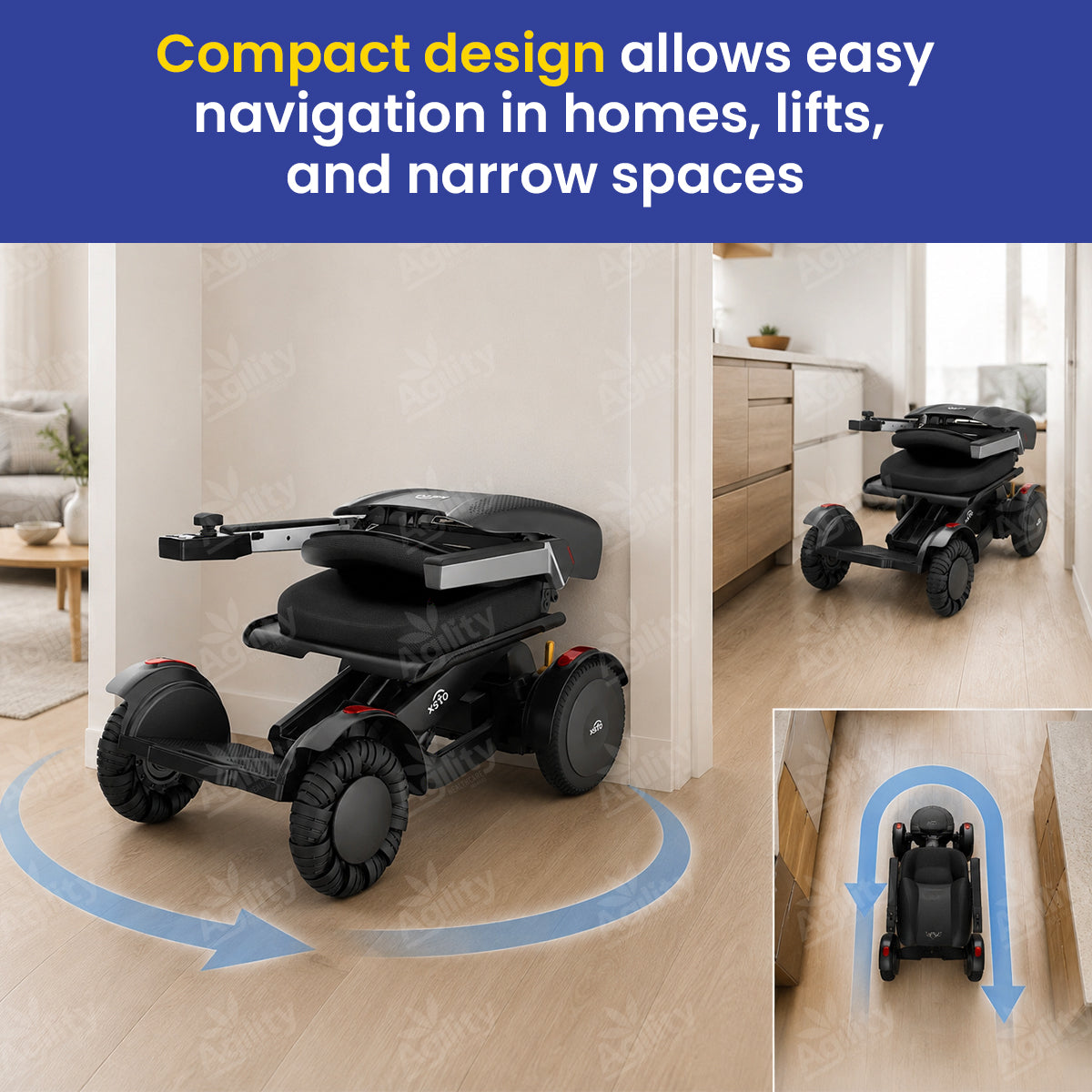 Compact power wheelchair navigating through a home setting with text highlighting its ease of use.