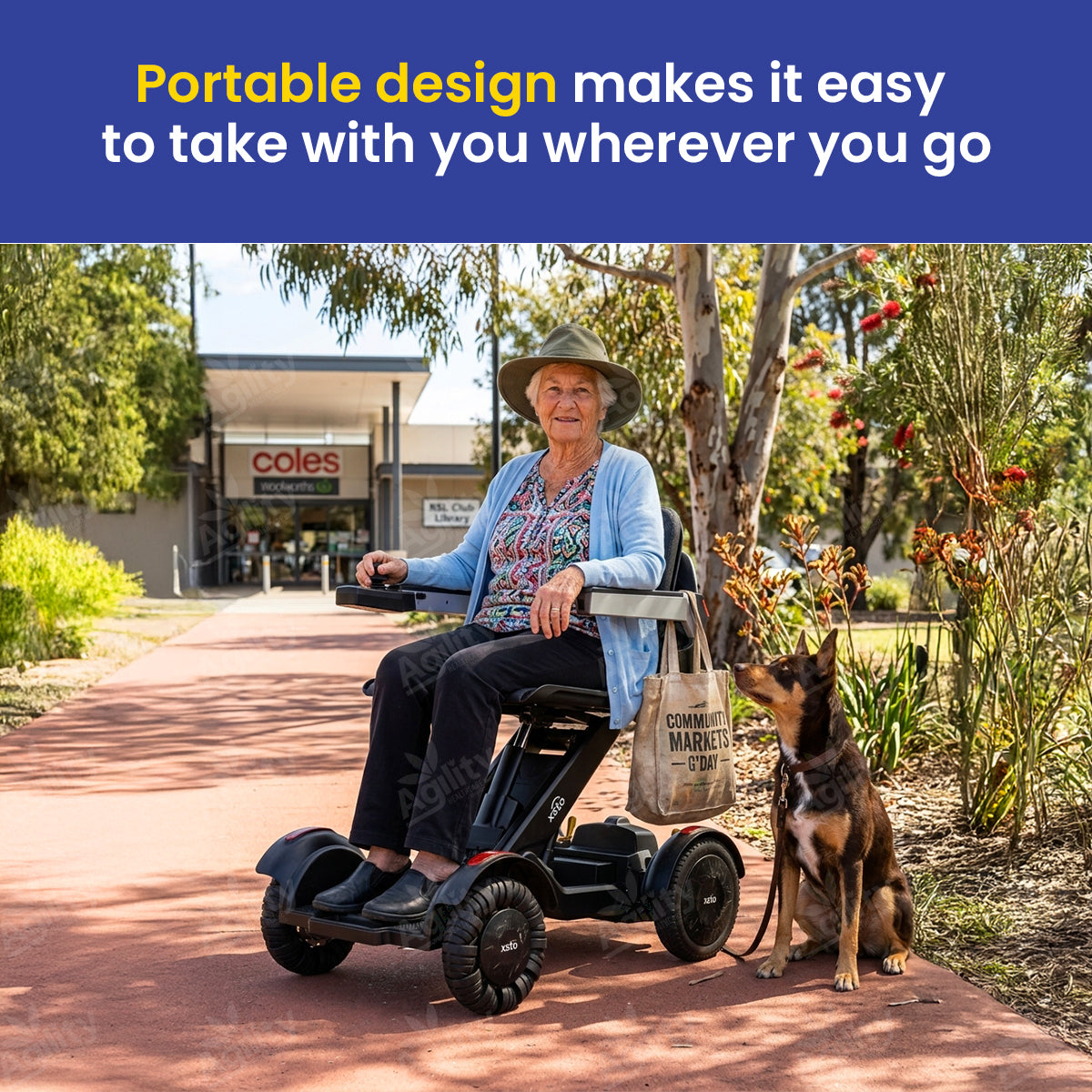 Woman using a portable mobility device with a dog in a park-like setting.