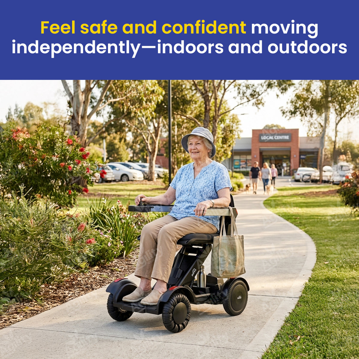 Woman using a mobility scooter on a sidewalk with a scenic background