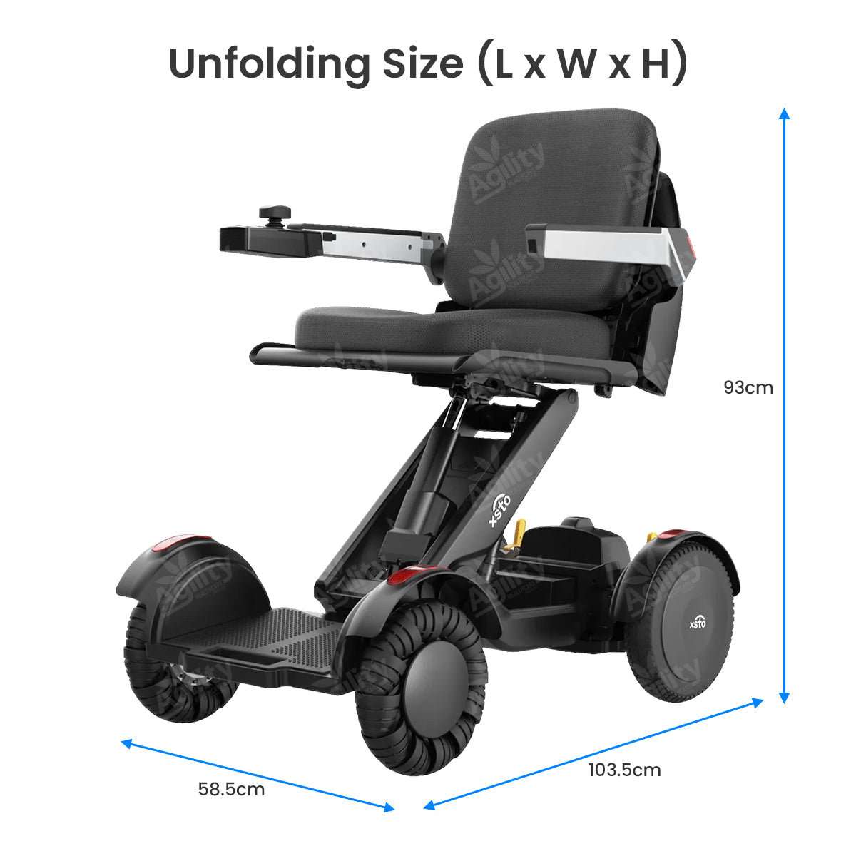Black power wheelchair with dimensions labeled on a white background