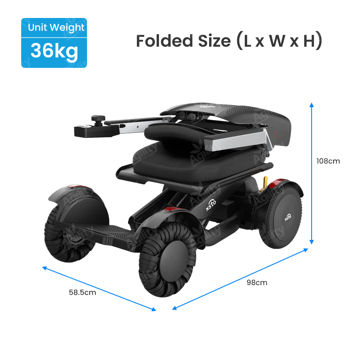 Foldable scooter with weight and dimensions displayed on a white background